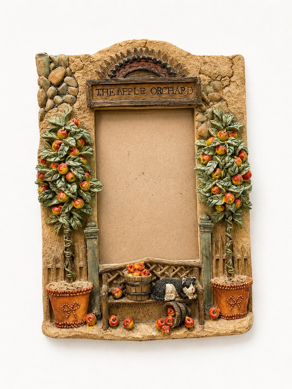 Rustic Apple Orchard Photo Frame with Sleeping Cat 4x6 Cottage Decor